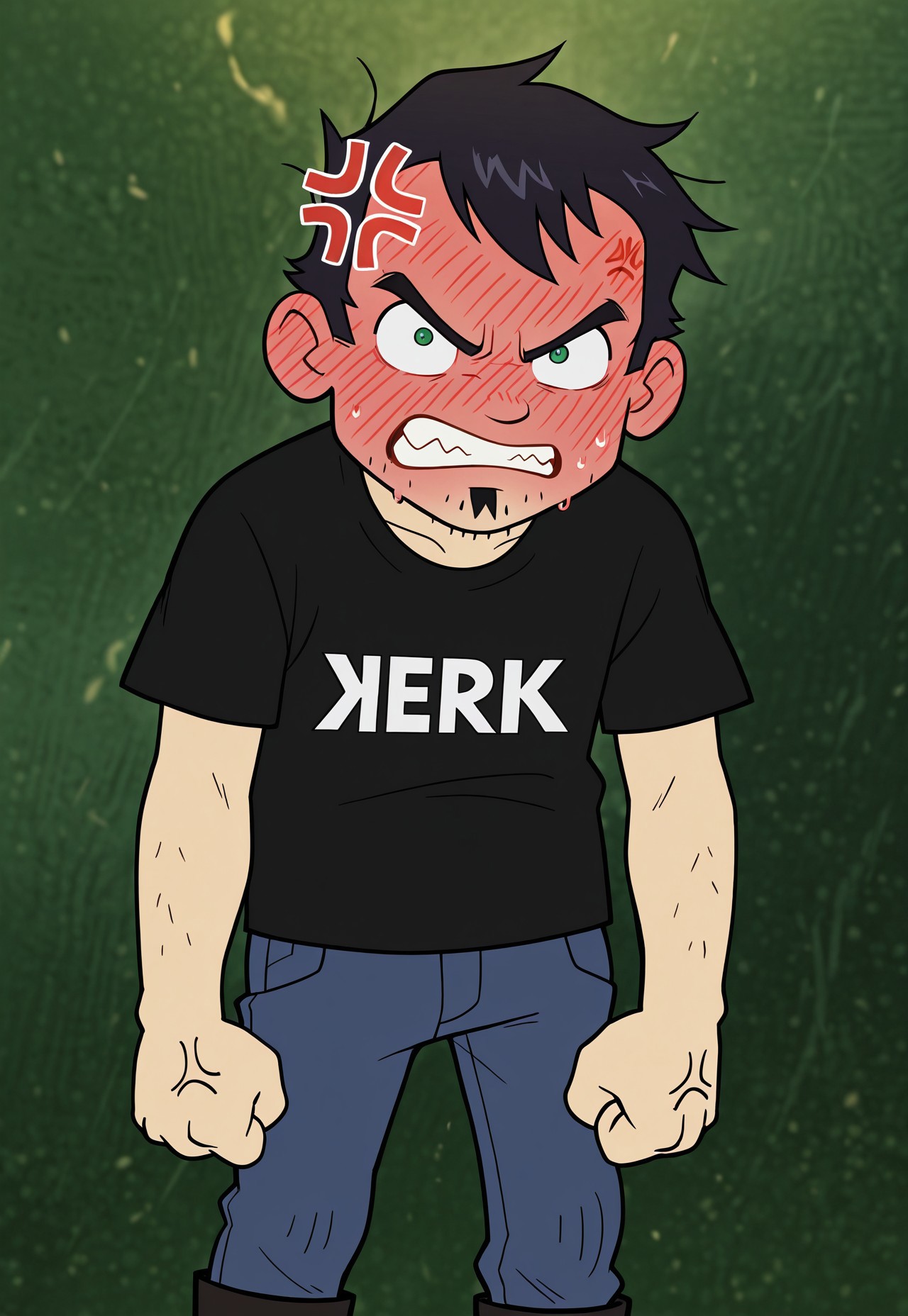 masterpiece, best quality, amazing quality, detailed background, intricate details, dynamic, cinematic, cartoon, anime, cartoon shading, solo, male focus, source_anime,high resolution, newest, depth of field, bara, yaoi, perfect face, 1boy, d4n, green eyes, black hair, messy hair, soul patch, stubble, jerk t-shirt, black t-shirt, blue jeans, black boots, looking at viewer, angry, anger vein, face blush, clenched hand, upper boddy, dark green background, abstract background, dutch angle