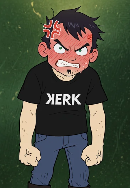 masterpiece, best quality, amazing quality, detailed background, intricate details, dynamic, cinematic, cartoon, anime, cartoon shading, solo, male focus, source_anime,high resolution, newest, depth of field, bara, yaoi, perfect face, 1boy, d4n, green eyes, black hair, messy hair, soul patch, stubble, jerk t-shirt, black t-shirt, blue jeans, black boots, looking at viewer, angry, anger vein, face blush, clenched hand, upper boddy, dark green background, abstract background, dutch angle