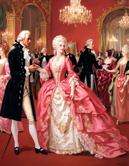 a NPrice painting depicting a ball or formal gathering during the rococo period. The color palette is dominated by soft pastel tones, particularly shades of pink, gold, and white, which evoke a sense of elegance, opulence, and romanticism. In the foreground, the eye is immediately drawn to a couple. The woman, adorned in a voluminous pink gown, is the focal point of the composition. Her dress is intricately layered with ruffles, lace, and floral embroidery, reflecting the ornate fashion of the era. She is wearing a towering white wig, a common hairstyle among aristocratic women of the time. To her left, there is a man dressed in the fashion of the 1700's. He is in a red, long coat and white tights. He wears the signature white wig and fancy, buckled shoes. Behind the couple, the scene is filled with a multitude of figures, all dressed in equally extravagant attire. These individuals appear to be engaged in various activities, such as conversation, dance, and observation, contributing to the overall sense of a lively social gathering. The background details of the painting are somewhat blurred and indistinct, hinting at the grandeur of the ballroom with its ornate chandeliers and architectural elements. The lighting appears to be soft and diffused, adding to the dreamlike quality of the scene. <lora:NPrice1-000006:1>