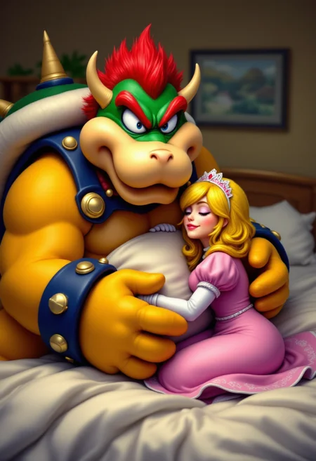 <lora:PCB_Image_Enhancer_for_FLUX:0> <lora:KFT_HLA_V3_FLUX-000019:1>
Bowser and Princess Peach cuddling in bed together