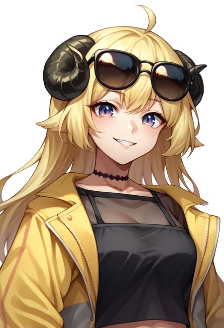 score_9, score_8_up, source_anime, 1girl, solo, TsunomakiWatame, horns, long hair, ahoge, black shirt, upper body, eyewear on head, sunglasses, grey pants, midriff, see-through cleavage, yellow jacket, black choker, smile, simple background, white background, <lora:ChamTsunomakiWatamePonyXLV2:1>