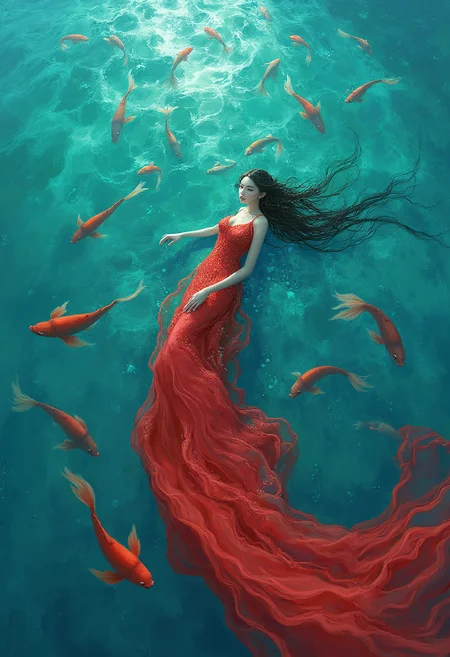 anime girl in red dress floating in a pool with fish, concept art | feng zhu, james jean soft light 4 k, james jean soft light 4k, queen of the sea mu yanling, james jean and fenghua zhong, cgsociety 9, james jean aesthetic, ruan jia and artgerm, style of feng zhu, by Yanjun Cheng,