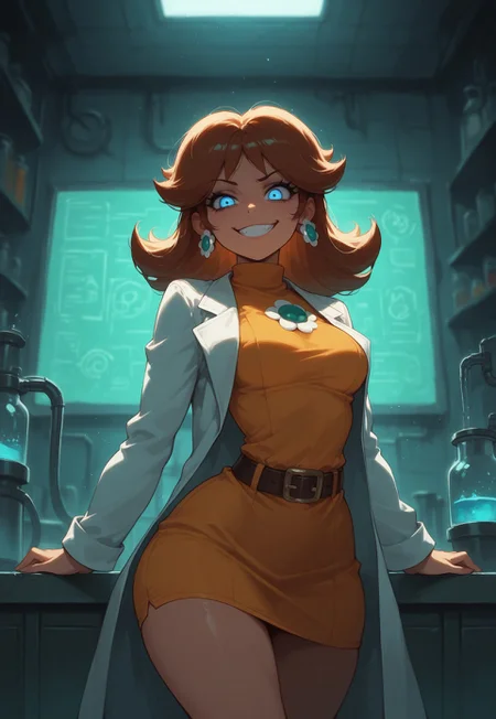 masterpiece, best quality, 1girl, medium breasts,
princess daisy, dark-skinned female, brown hair, blue eyes, small waist, wide hips, turtleneck dress, minidress, working, belt,
evil grin, labcoat, mad scientist, laboratory, Jedst1