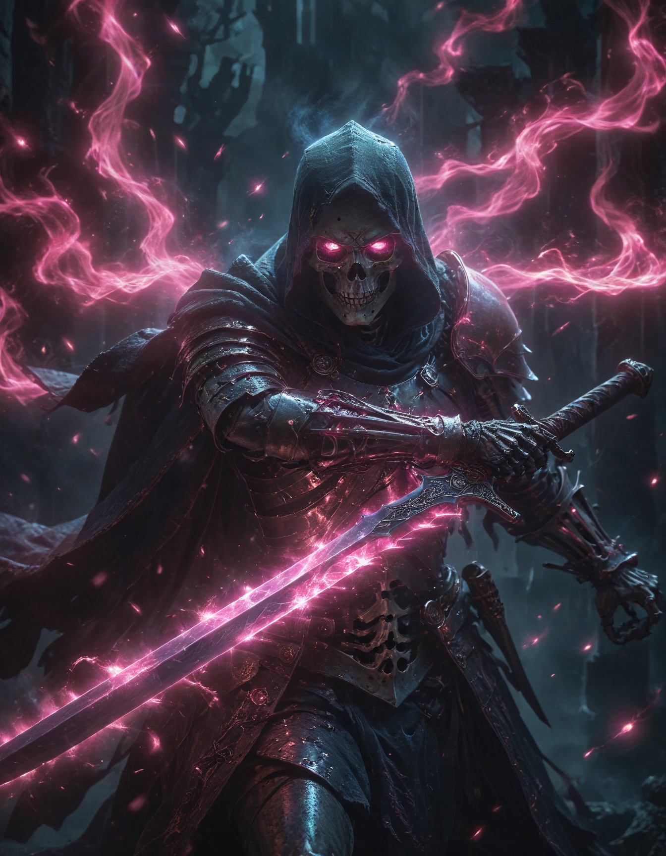 mysterious armored skeleton in a dark setting, holding a glowing ornate sword, The figures face is skeletal, hooded, glowing eyes, The armor is highly detailed, holds a sword emits a vibrant pink glow that illuminates the surrounding area, Pink embers particles float around the sword, mystical ambiance, The background is dark with shades of blue and black, artwork, digital art style, high contrast between the glowing elements and the dark background, Magical, fantastical, enchanting, storybook style, highly detailed, <lora:sdxl_lightning_8step_lora:1>, <lora:add-detail-xl:1>, <lora:glowneon_xl_v1:0.5>, <lora:Into_Darkness:0.5>