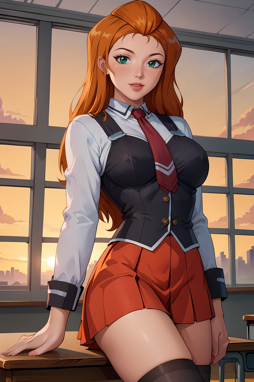 <lora:brj-sam-ponyXL-v0.5:1> sam \(totally spies\), orange hair, long hair, green eyes,
large breasts, solo, school classroom,
sunset,yellow sky,
Lying with legs turned to one side,,
<lora:bible_black_uniform_xl_v3:0.8> school uniform, white shirt, black vest, black thighhighs, red skirt, red necktie