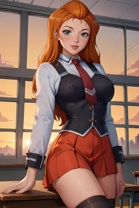 <lora:brj-sam-ponyXL-v0.5:1> sam \(totally spies\), orange hair, long hair, green eyes,
large breasts, solo, school classroom,
sunset,yellow sky,
Lying with legs turned to one side,,
<lora:bible_black_uniform_xl_v3:0.8> school uniform, white shirt, black vest, black thighhighs, red skirt, red necktie