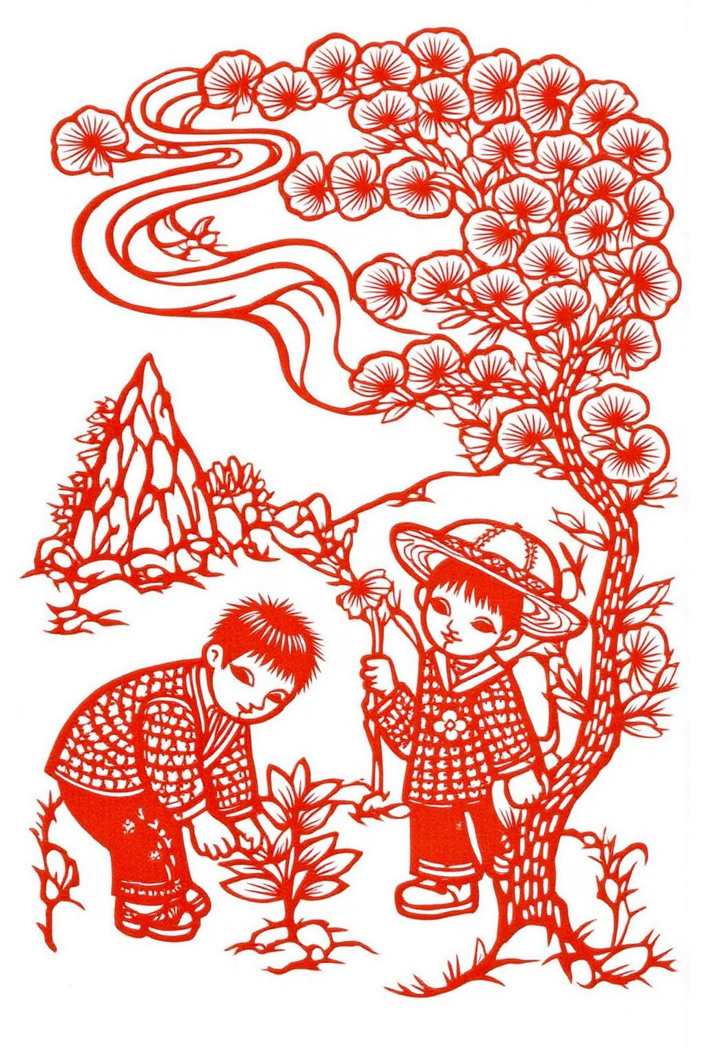 papercut art.
papercut art of two children engaged in outdoor activities in a stylized, whimsical landscape. The background is a stylized landscape with bold, sweeping lines and geometric shapes. The scene includes a winding path, a small mountain, and stylized trees with rounded, leafy branches. On the left, a boy is depicted planting or tending to a small plant or tree. <lora:papercut1_cap_d6a3e12:1.0><lora:823250904854759453:0>