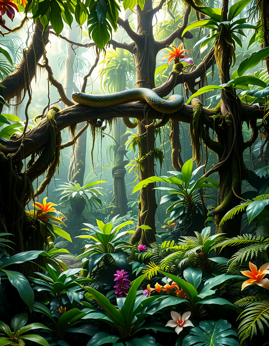 A dense and vibrant jungle,jungl3, captured in a realistic photographic style, with lush green foliage of various tropical plants, tall trees covered in moss and vines, and sunlight filtering softly through the canopy above. The atmosphere feels humid and alive, with small details such as ferns, orchids, and a scattering of tropical flowers in shades of red, yellow, and purple. A narrow, winding dirt path cuts through the undergrowth, partially hidden by fallen leaves and roots. The scene feels immersive and serene, with subtle mist lingering in the distance, enhancing the sense of depth and mystery. The overall lighting is natural, with dappled sunlight creating dynamic shadows on the ground and the surrounding plants.
<lora:jungl3:1><lora:SDXLFaeTastic2400:0.4> <lora:extremely_detailed:0.4> extremely detailed, Masterpiece,best quality,hi res,8k,hi res,8k,award winning,(sharp focus, intricate, highly detailed),