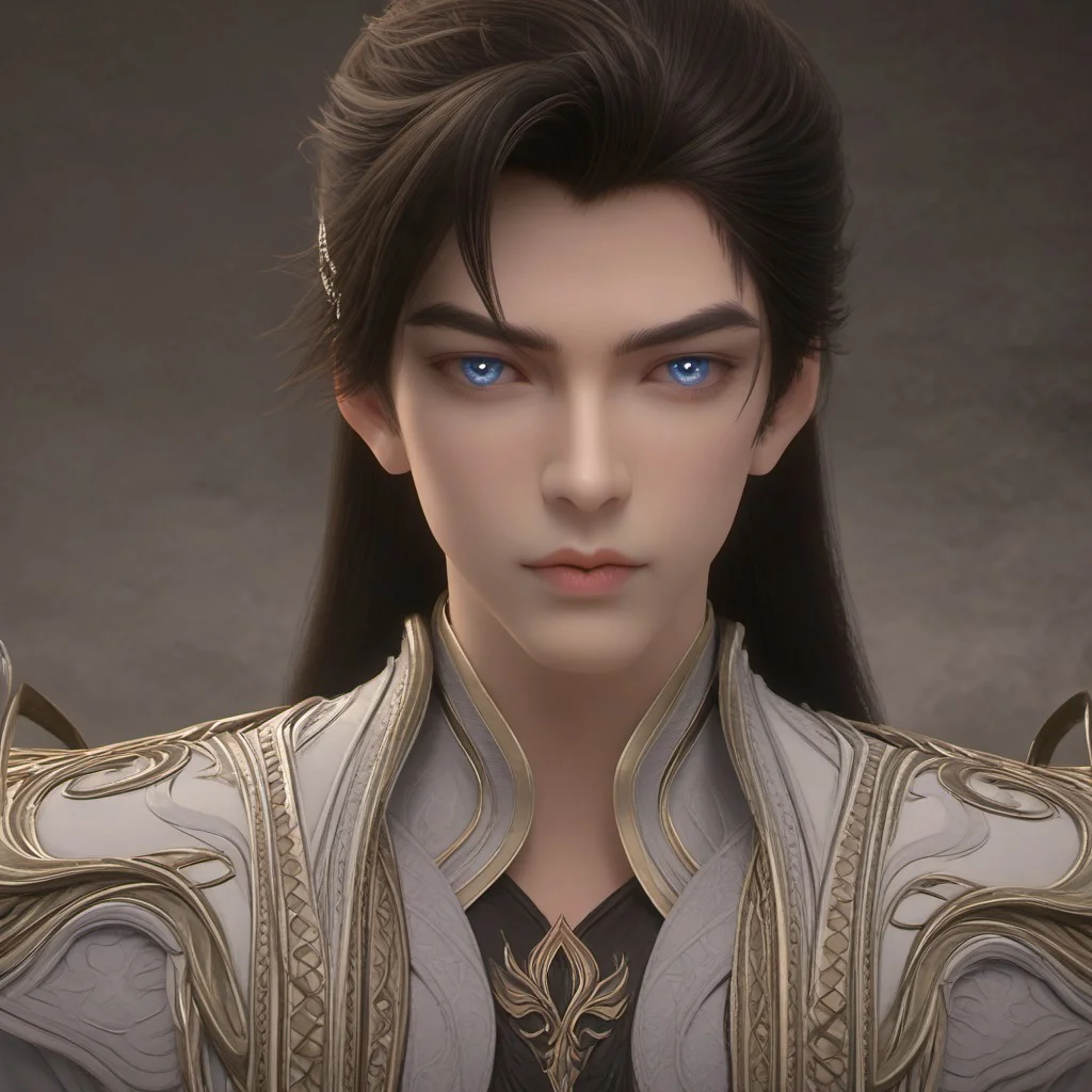 focus on face, (super detailed anatomic beautiful gentle face), PonyXLV6_Scores, shihao, 1boy, solo, white dress, god_vision, black hair, long hair, armor, focus on face, focus on male,, portrait, high-fashion pose, mysterious and fantasy, epic, fantasy magic atmosphere, high quality,