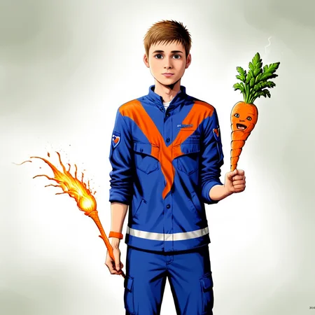 Illustration jugendfeuerwehr young man holding an angy carrot by rob_sheridan_drawing_style<lora:Jugendfeuerwehr:1> <lora:add_detail:1> <lora:rob_sheridan_drawing_style:1>