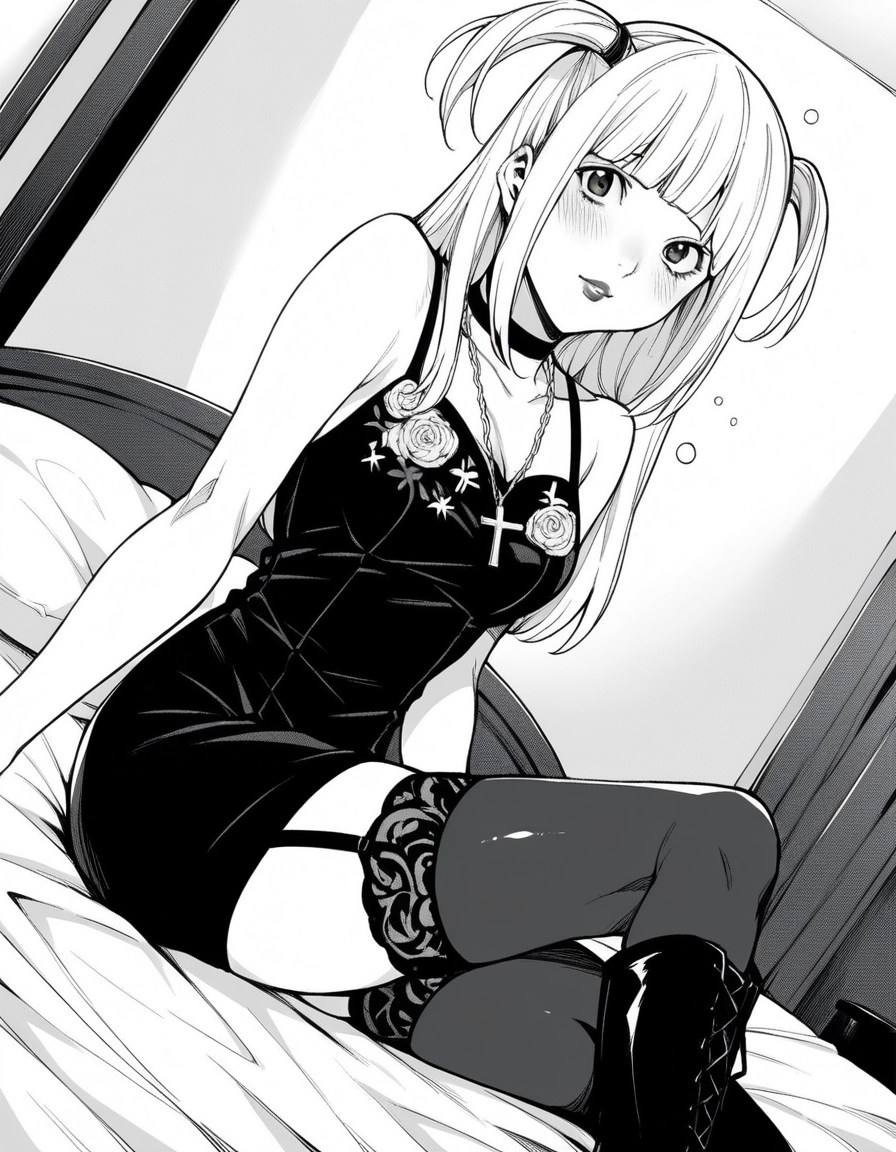 score_9, score_8_up, score_7_up, source_anime,
misaamane, <lora:misa-amane-manga-ponyxl-lora-nochekaiser:1>,
misa amane, long hair, bangs, blunt bangs, two side up, lipstick,
thighhighs, dress, jewelry, collarbone, boots, detached sleeves, choker, black thighhighs, necklace, black footwear, black dress, sleeveless dress, garter straps, black choker, short dress, floral print, cross, cross necklace,
indoors, bed, bed room, on side, blush, drunk,
looking at viewer, cowboy shot, solo, dutch angle, greyscale, monochrome,