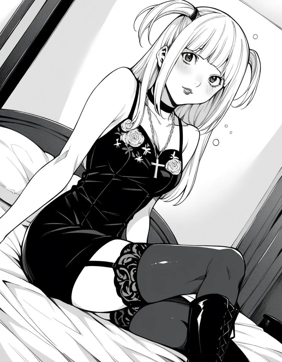 score_9, score_8_up, score_7_up, source_anime,
misaamane, <lora:misa-amane-manga-ponyxl-lora-nochekaiser:1>,
misa amane, long hair, bangs, blunt bangs, two side up, lipstick,
thighhighs, dress, jewelry, collarbone, boots, detached sleeves, choker, black thighhighs, necklace, black footwear, black dress, sleeveless dress, garter straps, black choker, short dress, floral print, cross, cross necklace,
indoors, bed, bed room, on side, blush, drunk,
looking at viewer, cowboy shot, solo, dutch angle, greyscale, monochrome,