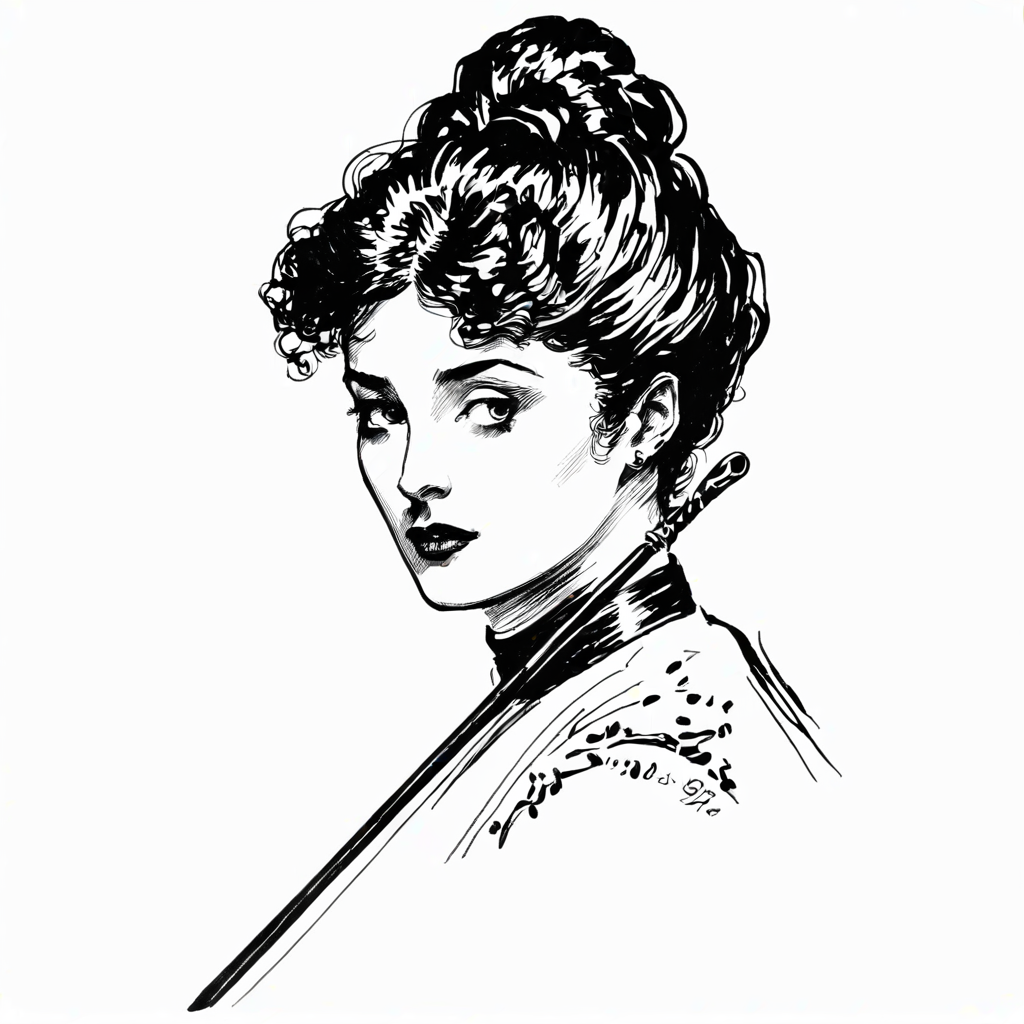 black ink drawing of attractive woman as a 1910 Berlin  femme fatale, three quarter profile, expressive composition,  riding crop, monochrome, line art illustration by g1bs0n  <lora:Gibson_XL:1>