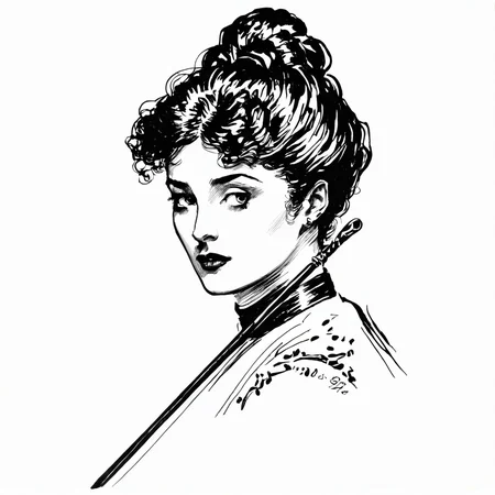 black ink drawing of attractive woman as a 1910 Berlin  femme fatale, three quarter profile, expressive composition,  riding crop, monochrome, line art illustration by g1bs0n  <lora:Gibson_XL:1>