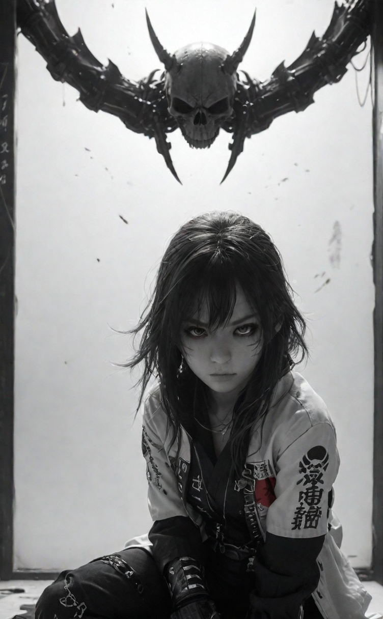 (assassinkahb style:1.2), a black and white photo of an Cyborg Samurai assassin wearing a high collar jacket with japanese writing on the back, fight stance, fists up, Split, solo, simple background, shoulders implementations of wires and nano Future Tech, Large sedge hat, 1boy, white background, jacket, monochrome, upper body, greyscale, male focus, long hair in wind, weapon, clothes writing, skull, skeleton, japanese flag, creating a Synthwave sunrise scene with bleaked dark colorful Neon and black details,