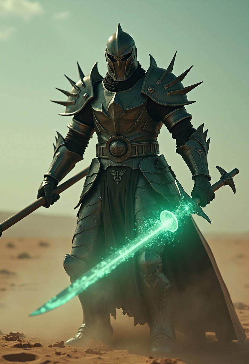 An action scene shot captures a dark, menacing towering 'warforged'  knight in the heat of an intense, action-packed battle, reminiscent cinematic movie-still-shot using 6k dragon red camera. The knight’s intricately designed, battle-worn helmet reflects the eerie magical, ethereal glow of its weapon—a massive, glowing glaive. The blade crackles with dark energy, gathering ominously at its edge, where a glowing orb of faded pale green light pulses with immense, destructive power. This energy radiates along the glaive's handle, casting a glow that is reflected by the knight’s helmet and armor, creating stark contrasts between light and deep shadows. Wielding the glaive with both hands, the 'warforged' knight is fully focused on offense, the glow of its weapon only amplifying the surreal nature of the battle. The glow from the blade accentuates the intricate details of its armor, casting long shadows that flicker across the lone desert battlefield amidst the dunes.