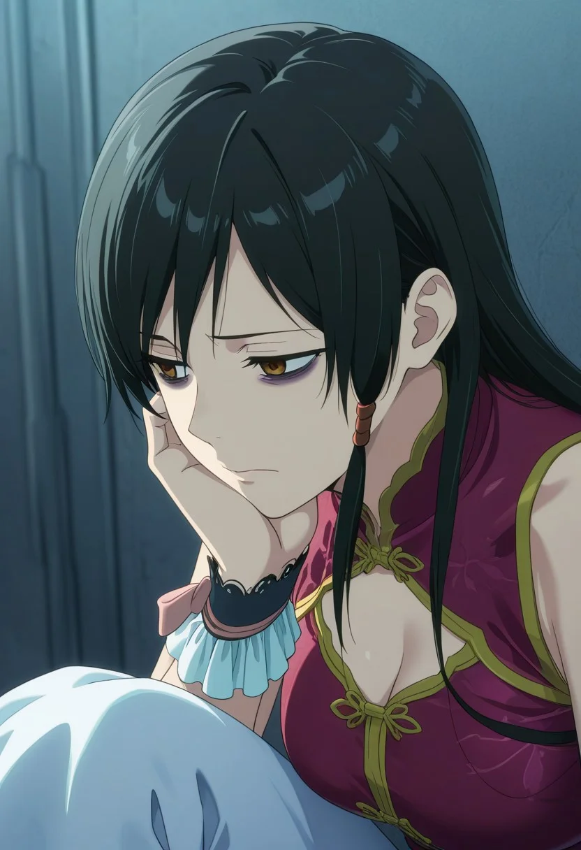 best quality, amazing quality, highres, absurdres, very aesthetic, anime scre 1girl,kokorodoa, 1girl, red clothes, chinese clothes, capri pants, wrist cuffs, (portrait, face, head, , depressed, bags under eyes:1.3),china dress, finetuneanime, anime screencap,