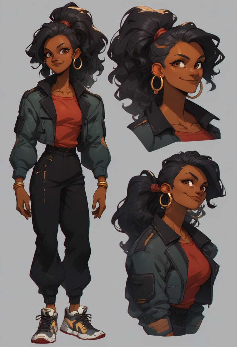 score_9, score_8_up, score_7_up,<lora:xl_more_art-full_v1:0.8>,<lora:add-detail-xl:1>
BREAK
 <lora:concept:1>conceptart,1girl, hoop earrings, sneakers, shoes, jewelry, pants, multiple views, black hair, long hair, dark skin, earrings, black pants, ponytail, jacket, full body, grey background, looking at viewer, standing, smile, simple background, open clothes, brown eyes