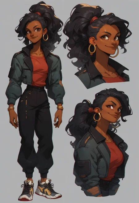 score_9, score_8_up, score_7_up,<lora:xl_more_art-full_v1:0.8>,<lora:add-detail-xl:1>
BREAK
<lora:concept:1>conceptart,1girl, hoop earrings, sneakers, shoes, jewelry, pants, multiple views, black hair, long hair, dark skin, earrings, black pants, ponytail, jacket, full body, grey background, looking at viewer, standing, smile, simple background, open clothes, brown eyes