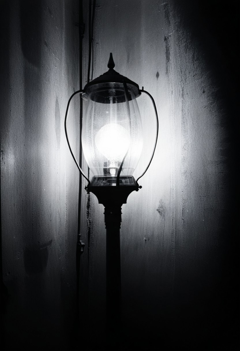 detailxl, 80sc1nemat1c5tyle, creamy bokeh, black and white, colorless, monochrome, BREAK, street lamp, street light, night, darkness, extreme close-up