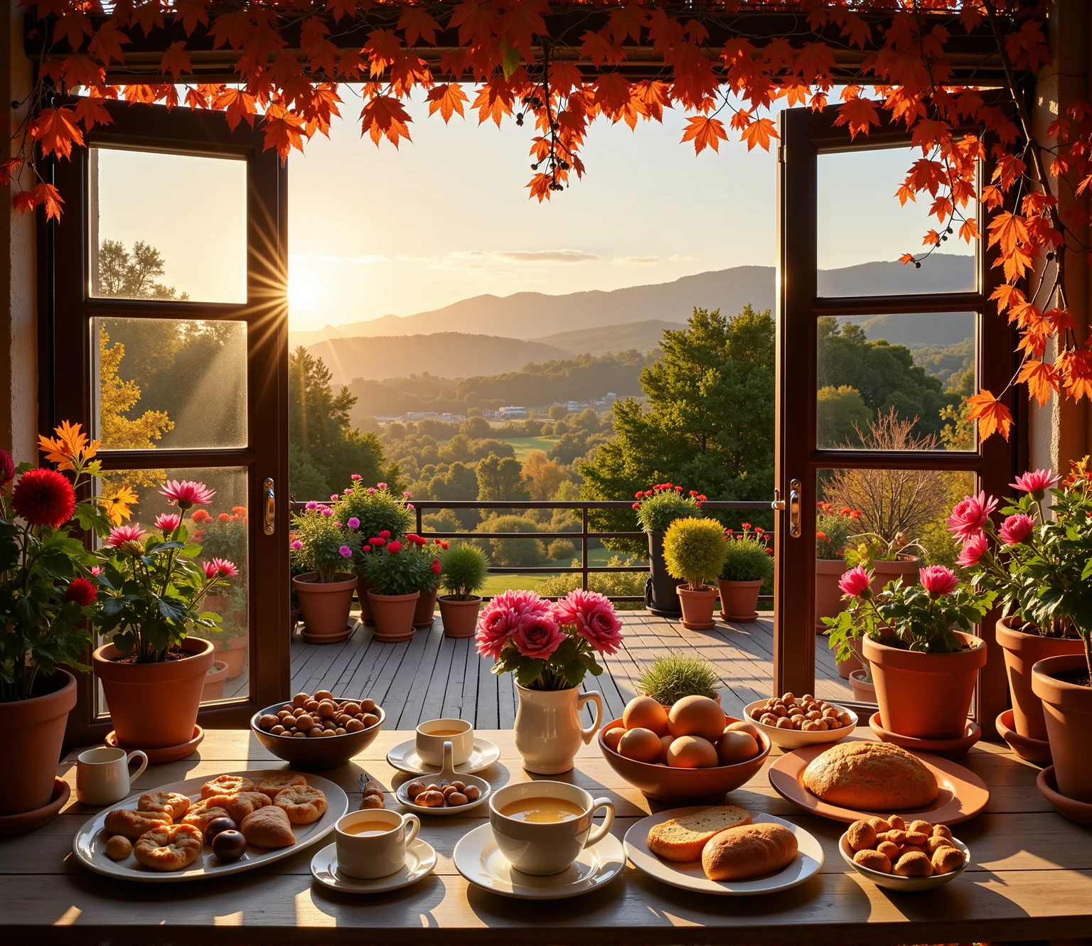 View to a rustic terrace filled with pots with autumn flowers and a vine full of red leaves and bunches of grapes. In the foreground a wooden table with a copious breakfast, coffee, bowls, vases and plates with fruits, nuts, chestnuts, hazelnuts, breads and buns. In the background you can see a sunrise with a soft light. A big cup of coffee as a center detail. <lora:AntiBlur:1.4>