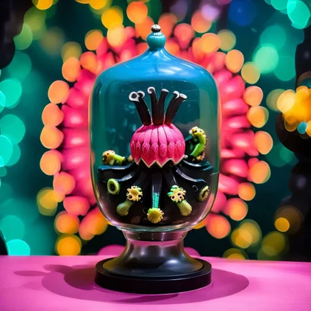 An award winning photograph, half-watermelon half-octopus crammed inside a small glass jar, aboard a futuristic tropical interstellar space craft, 1970s Brazilian Tropicalia science fiction B-movie, moody cinematic lighting backlit light distorted with gravitational lensing