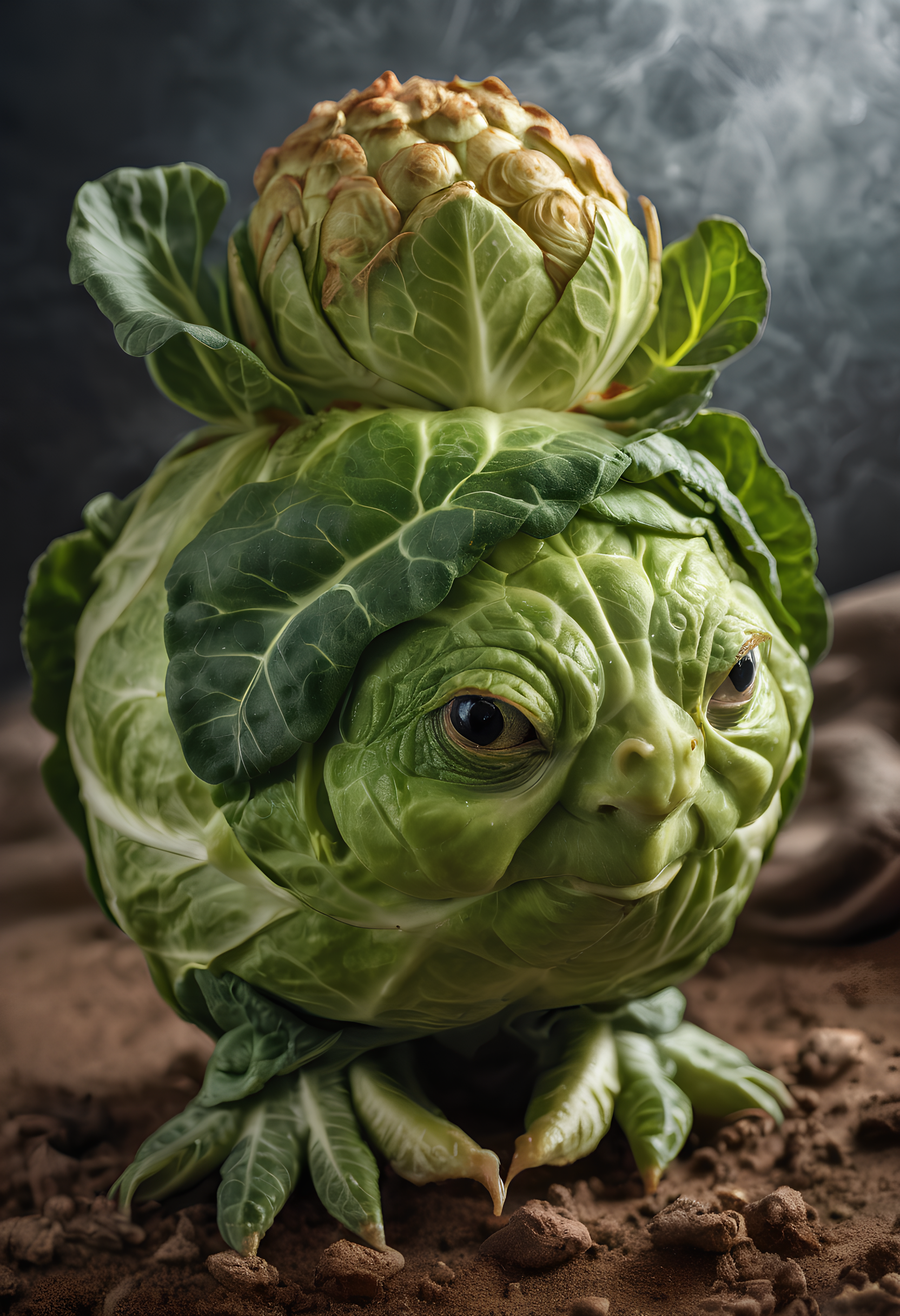 Surrealist art a ginger-haired brussel sprout, high detail. Dreamlike, mysterious, provocative, symbolic, intricate, detailed
