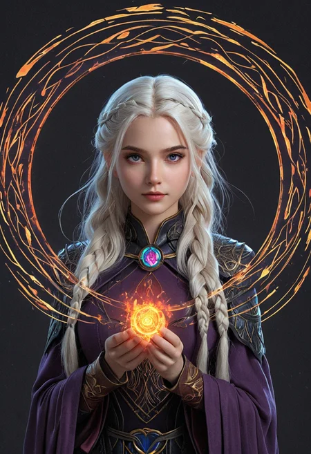 anime artwork <lora:R0k00bstr0ctHD:1>,r0k00bstr0cthd,r0k00bl0ckb0ckgr00ndhd,(shiny, fire, multicolored, black background, glowing, magic circle, aura),, (Hair, Long, silver-blonde hair (often described as pale as moonlight), a hallmark of her Targaryen lineage. In the books, her hair is worn in intricate braids, symbolizing victories and tradition:1), (Eyes, Large, violet eyes, often noted for their intensity and otherworldly quality, typical of the Valyrian race:1), (Skin, Pale, creamy complexion with a smooth, almost luminous quality that enhances her striking beauty:1), (Build, Slim and petite, yet strong and resilient, reflecting her gradual transformation from a timid girl into a determined leader:1),  short in stature, . anime style, key visual, vibrant, studio anime,  highly detailed