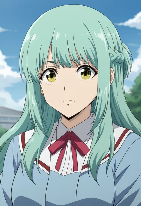 EBKuon, 1girl, solo, long hair, ribbon, closed mouth, school uniform, yellow eyes, upper body, braid, outdoors, green hair, sky, day, cloud, red ribbon, blue sky, aqua hair, neck ribbon, blurry background, french braid, anime coloring, 
 <lora:KuonShinsaki-04:1>, <lora:xl_more_art-full_v1:0.8>