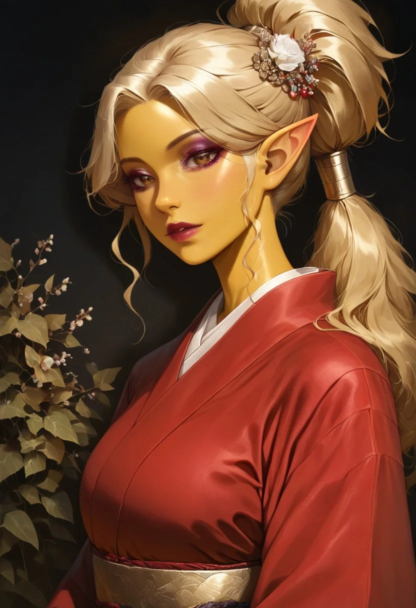 masterpiece, best quality, newest, absurdres, highres, DFAV1.5,
1girl, asian, asian female, elf, elf girl, pointy ears, long hair, yellow skin, blonde hair, golden colored skin, ponytail long ponytail, high taied ponytail, makeup, mascara, brown eyes, golden eyes,
kimono, red kimono, japanese clothes, hair ornament,