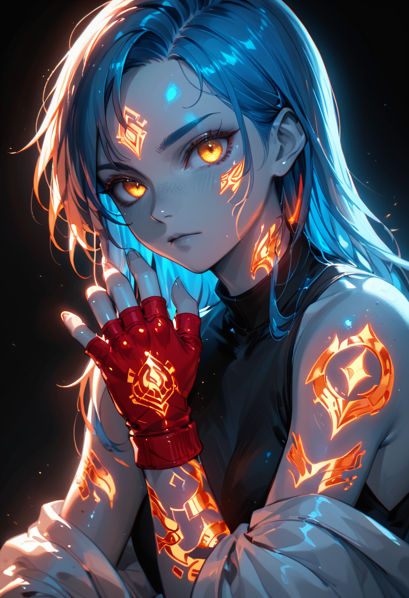 <lora:Style\glowneon_xl_v1:1.0> <lora:SelectiveColoringStyle:0.15> <lora:Concept\g1owingtatt00:1.0>, score_9,score_8_up,score_7_up,score_6_up,score_5_up, 1girl, orange hair, blue inner hair, golden eyes, red fingerless gloves, (black background, monochrome, spot color, selective coloring, grayscale skin), glowing tattoo, (luminous), glowneon