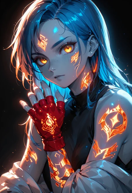 <lora:Style\glowneon_xl_v1:1.0> <lora:SelectiveColoringStyle:0.15> <lora:Concept\g1owingtatt00:1.0>, score_9,score_8_up,score_7_up,score_6_up,score_5_up, 1girl, orange hair, blue inner hair, golden eyes, red fingerless gloves, (black background, monochrome, spot color, selective coloring, grayscale skin), glowing tattoo, (luminous), glowneon
