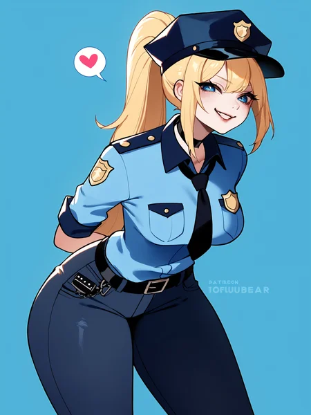 score_9, score_8_up, score_7_up, score_6_up, score_5_up, score_4_up,
BREAK
1girl, blonde hair, ponytail, blue eyes, police cap, smug, black choker, spoken heart,
BREAK
solo, standing, cowboy shot, medium breasts, thick thighs, police uniform, policewoman, dark blue jacket, dark blue pants, arched back, leaning forward, arms behind back,
BREAK
blue background, simple background, flat color, <lora:Lunas-Tofuubear-SDXL-A1:1>