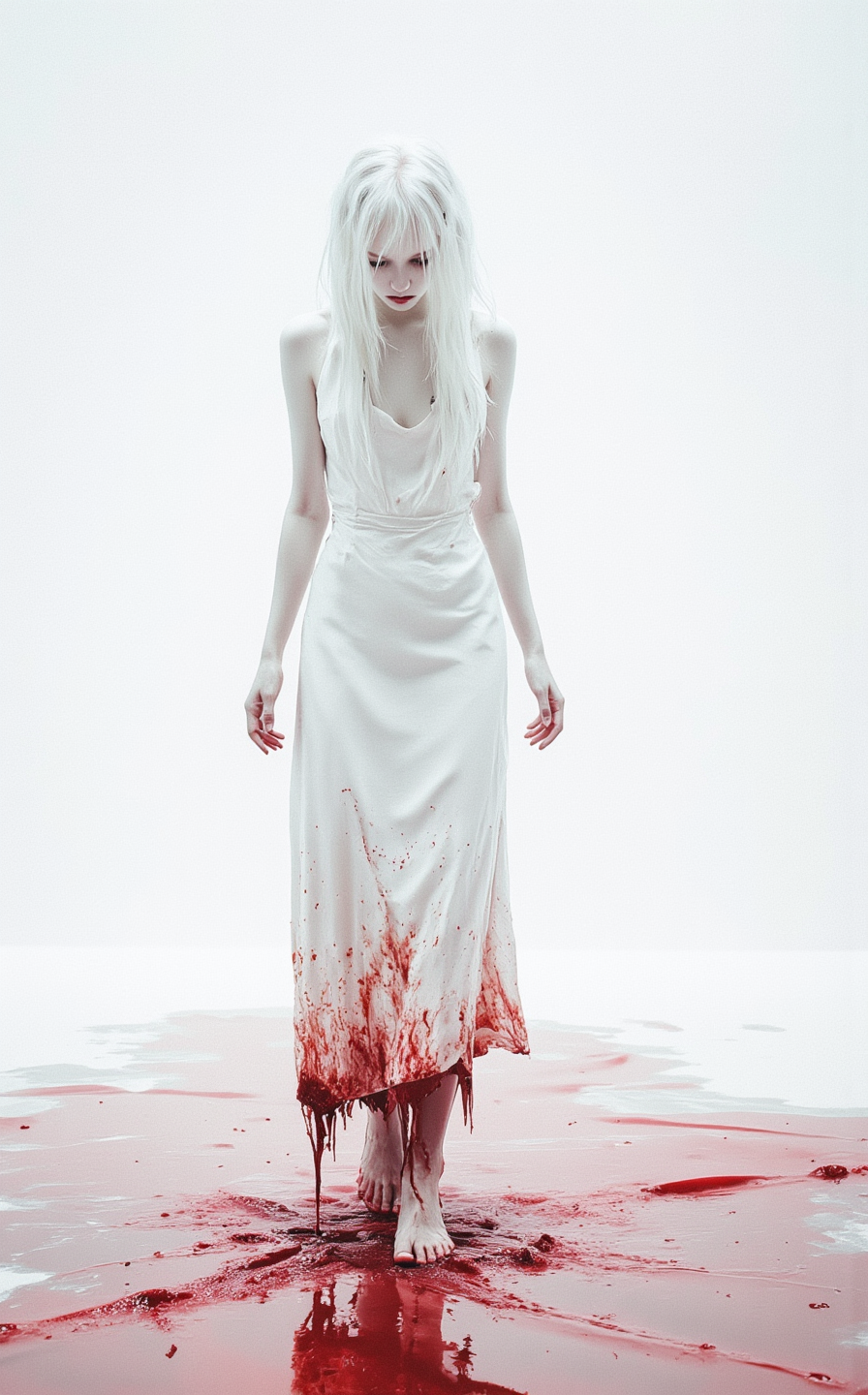 An ethereal albino woman (skin like polished bone, hair white as static) walks through a shin-deep pool of crimson liquid, her pristine white gown slowly blooming red from the hem upward. The background is an abyss of blinding white, making her the only flaw in a sterile void.

Key Details:
The Woman:
Gown & Stance:

Backless silk column dress, clinging to her emaciated frame like a second skin.

Hem dissolving into bloody tendrils, the stain creeping upward at a glacial pace.

Bare feet disturb the liquid, sending perfect ripple-circles across the frame.

Skin & Hair:

Zero pigmentation—even her lips are moon-pale, only her pink irises betray life.

Eyelashes so pale they cast no shadow, making her eyes pits of raw emotion.

The Liquid:
Thick as mercury, reflecting her distorted silhouette in oil-slick patterns.

Surface tension breaks where she steps, revealing glimpses of submerged teeth (human?).

The White Void:
No horizon line, no texture—just infinite sterile brightness.

Her shadow is violet-black, stretching far behind her like a stain she can’t escape.

Leibovitz’s Signature Touches:
✔ Brutal Contrast: Her purity vs. the creeping corruption.
✔ Hidden Horror: The liquid isn’t water—it’s too viscous, too still when untouched.
✔ Fashion as Narrative: The dress is Chanel couture (Fall 1996, ironically about rebirth).

Technical Specs:
Camera: Hasselblad H6D-400c (100MP to capture every thread staining).

Lighting: Ring flash for clinical harshness, no fill light.

Liquid: Corn syrup + red dye + black ink (for unnatural density).