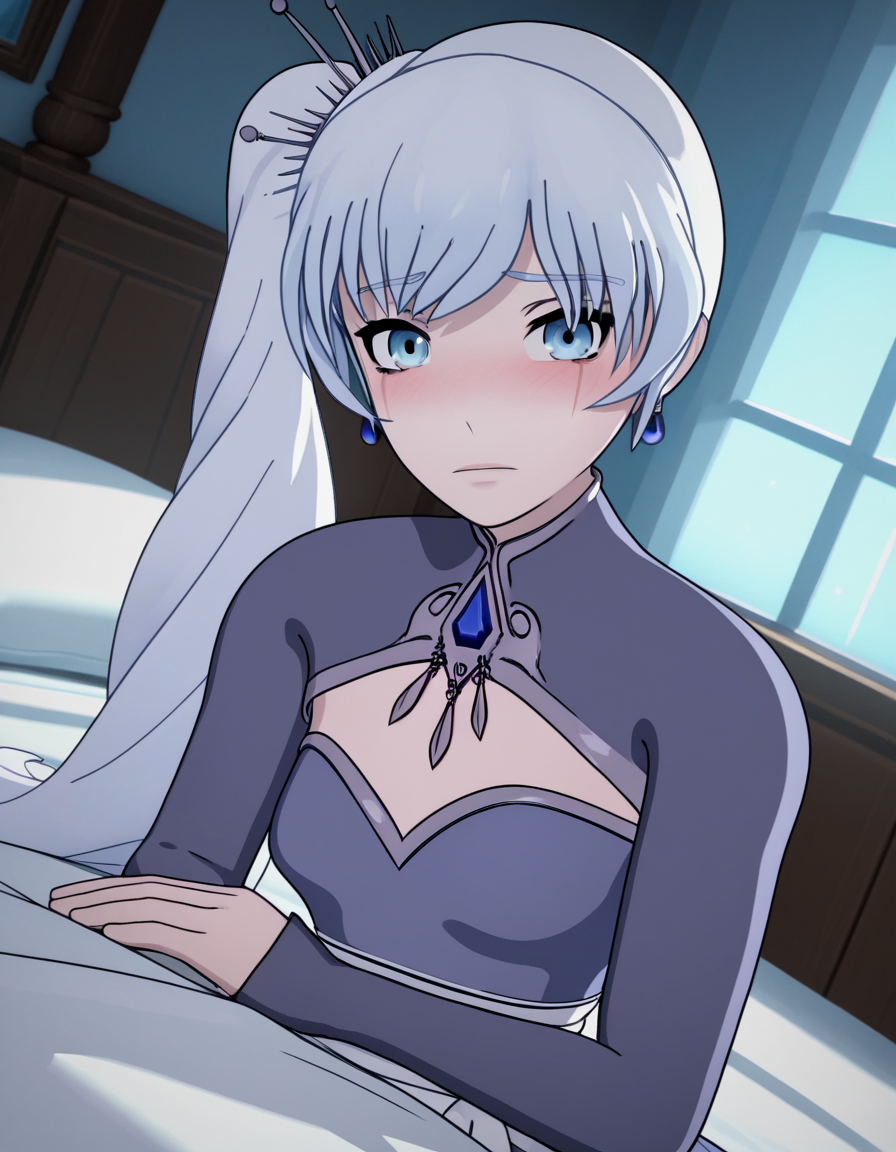 score_9, score_8_up, score_7_up, source_anime, <lora:weiss-schnee-ponyxl-lora-nochekaiser:1>, weiss schnee, long hair, blue eyes, hair ornament, ponytail, white hair, side ponytail, scar, tiara, scar on face, scar across eye,, dress, jewelry, earrings, blue dress,, indoors, bed, bed room, on side, blush, drunk, looking at viewer, solo, cowboy shot, dutch angle