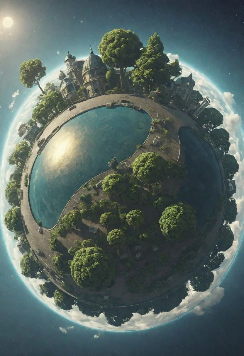 king kais small floating planet with some trees and a street around it