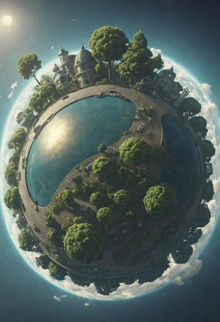 king kais small floating planet with some trees and a street around it