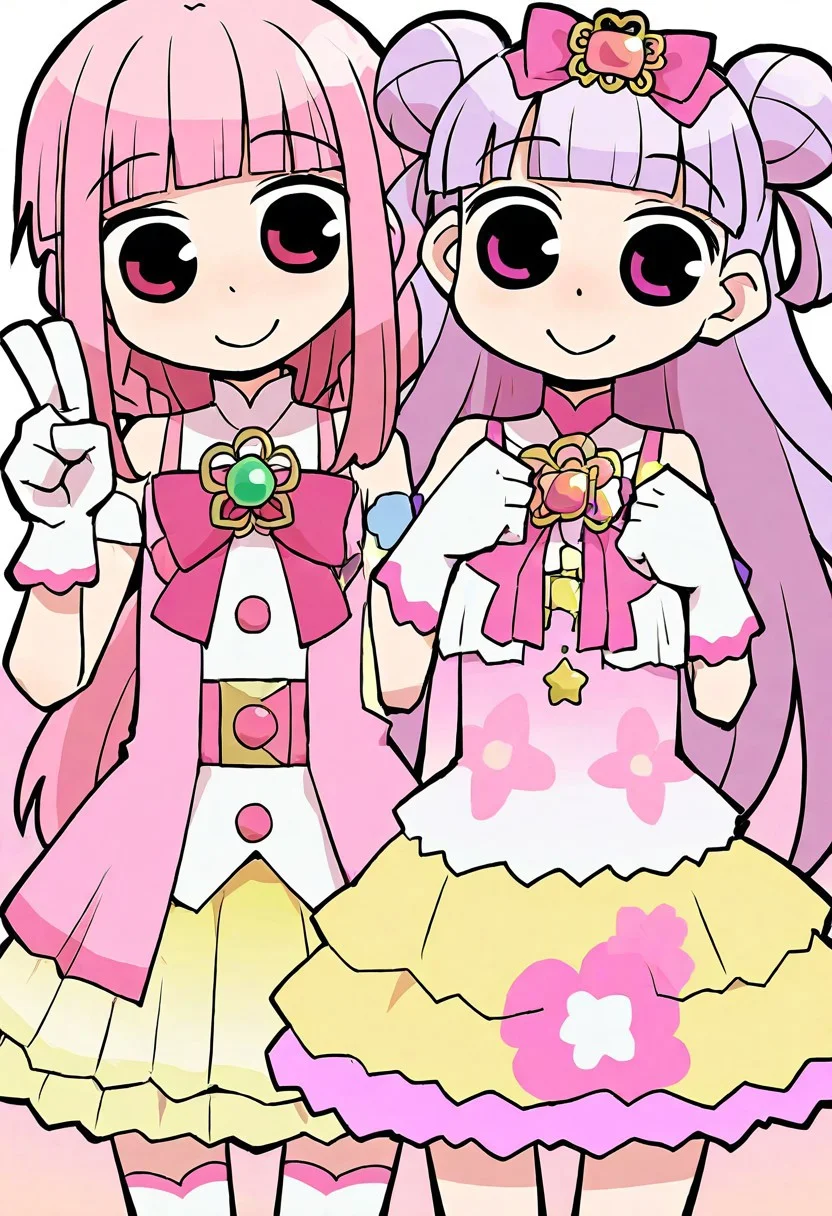 masterpiece, best quality, newest, absurdres, highres, 2girls, tamaki iroha and manaka laala \(Pripara\), magia record: mahou shoujo madoka magica gaiden, papa \(shimeguru\), happy smile, open mouth, hand up, tamaki iroha and manaka laala \(Pripara\) is side by side, tamaki iroha and manaka laala \(Pripara\) is happy, side by side, anime source, anime screencaps, pripara, magia record, magical girl and pripara idol, <lora:20241229074809_tamaki_iroha_noobaiXLNAIXL_vPred10Version:0.7>,
BREAK ((only manaka laala is double hair bun)), ((only manaka laala is purple hair)), ((only manaka laala is hair bow)), ((only manaka laala is green eyes)),
BREAK ((only tamaki iroha is pink hair)), only tamaki irohais long hair, only only tamaki iroha is blunt bangs, only only tamaki iroha is pink eyes,
