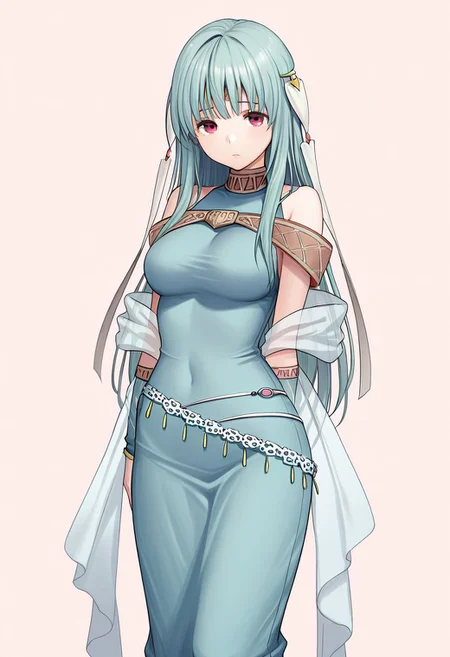 masterpiece, best quality, amazing quality. crimsonj-girl.fightil,
  1girl, Ninian, Long hair, Blue hair, Hair Ornament, Red Eyes, Dress, Blue dress, breasts, bare shoulders,
standing, looking at viewer,
simple background,
