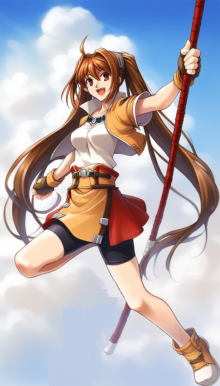 score_9, score_8_up, score_7_up, source_anime, rating_explicit, BREAK  <lora:Estelle_Bright_Retro_XL:1> Estelle_Bright, brown hair, very long hair, twintails, ahoge, red eyes, hair intakes, medium breasts,
1girl, solo, twintails, gloves, weapon, staff, skirt, bike shorts, fingerless gloves, smile, shoes, cropped jacket, full body, miniskirt, belt, open mouth
outdoor, sky,