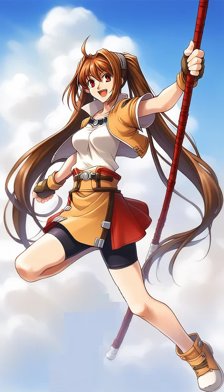 score_9, score_8_up, score_7_up, source_anime, rating_explicit, BREAK  <lora:Estelle_Bright_Retro_XL:1> Estelle_Bright, brown hair, very long hair, twintails, ahoge, red eyes, hair intakes, medium breasts,
1girl, solo, twintails, gloves, weapon, staff, skirt, bike shorts, fingerless gloves, smile, shoes, cropped jacket, full body, miniskirt, belt, open mouth
outdoor, sky,