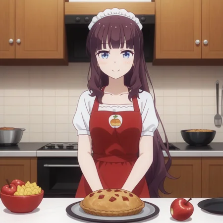 hifumi takimoto, solo, 1girl, apron, cooking, kitchen, (smiling:0.5),,
(apple pie), delicious food, beautiful food,,
looking at viewer,, 2D, anime style, anime coloring,,masterpiece, best quality, absurdres, very aesthetic