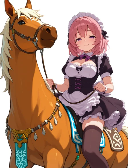 masterpiece, best quality, amazing quality BREAK, CivChan, purple eyes, pink hair, black maid costume, short skirt, short sleeves, cleavage, flirty smile, riding a horse, holding reins, white background, looking at viewer