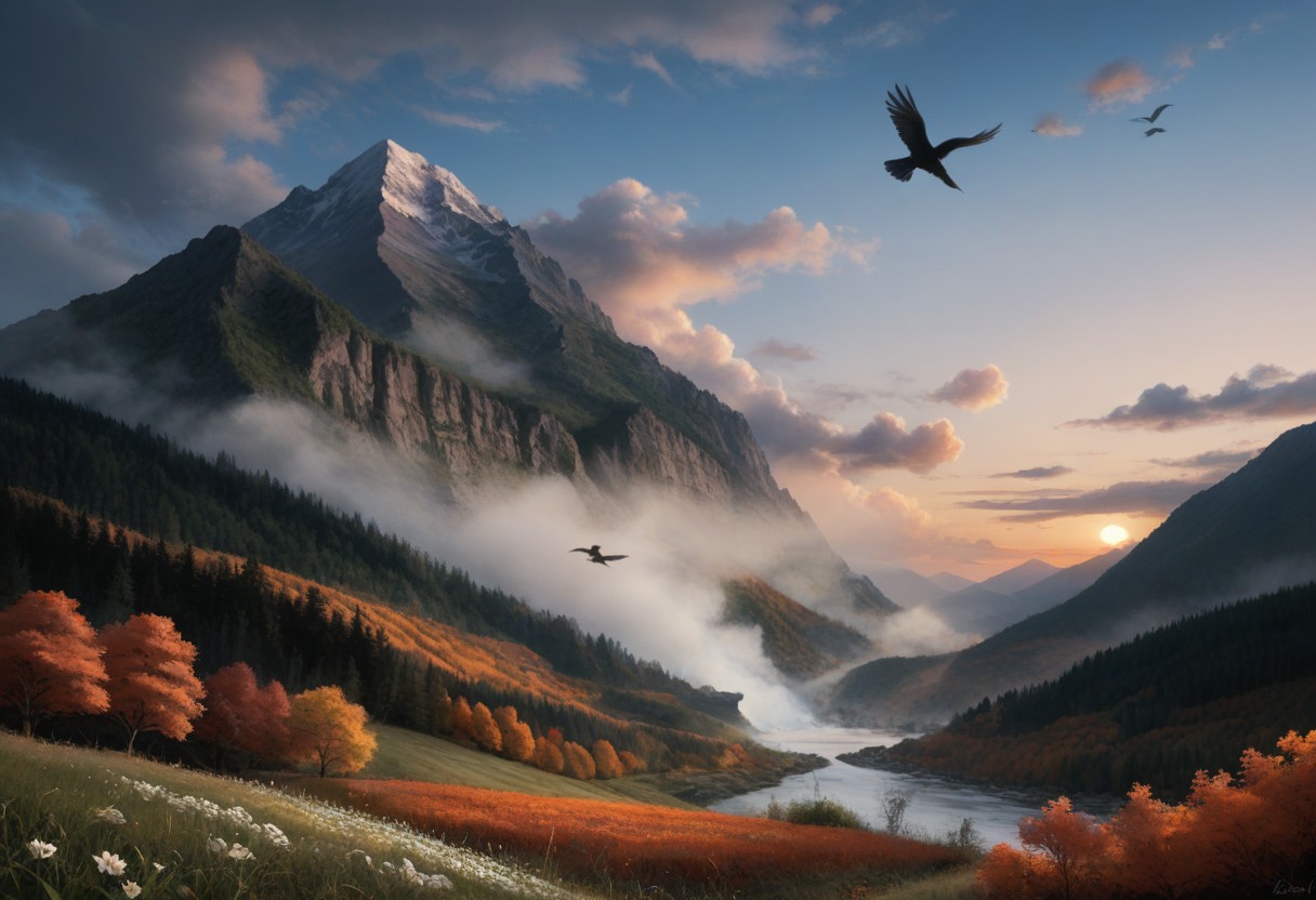 score_9, score_8_up, score_7_up, water, tree, leaf, scenery, mountain, planted, waterfall, fog flower, outdoors, sky, cloud, tree, no_humans, grass, cloudy_sky, crows, birds flying, star_\(sky\), nature, eerie, white flower, Edelweiss, mountain, field,  mountainous_horizon, landscape, sunset, clouds, (autumn:1.4)
