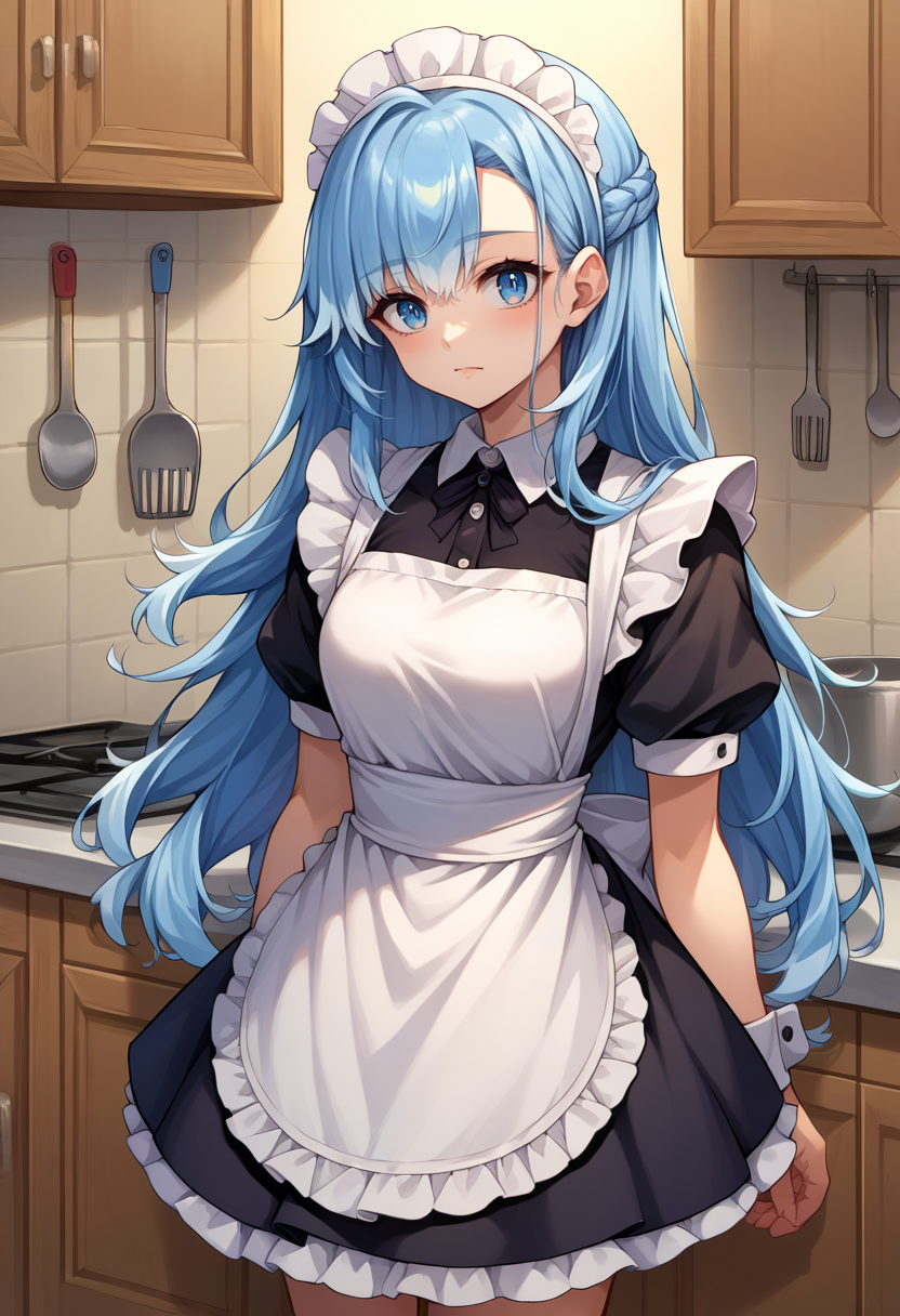 score_9, score_8_up, source_anime, 1girl, solo, KoboKanaeru, blue eyes, long hair, blue hair, colored tips, maid, maid headdress, maid apron, kitchen, <lora:Char-KoboKanaeruPonyXL:1>