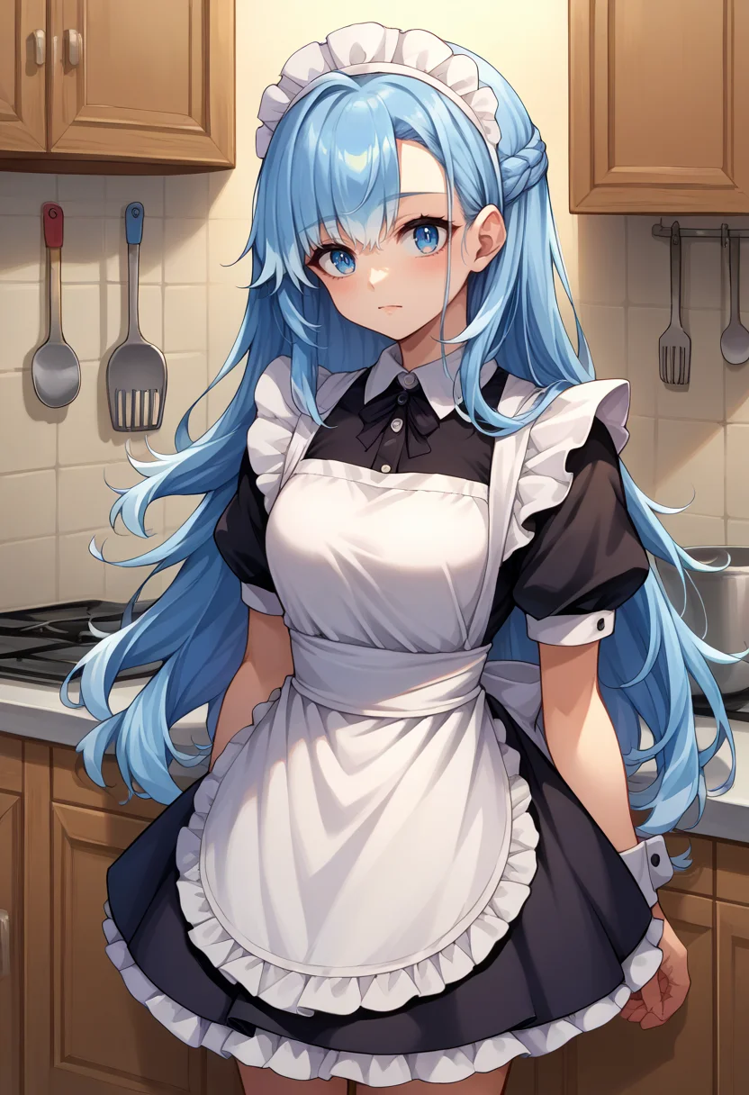 score_9, score_8_up, source_anime, 1girl, solo, KoboKanaeru, blue eyes, long hair, blue hair, colored tips, maid, maid headdress, maid apron, kitchen, <lora:Char-KoboKanaeruPonyXL:1>