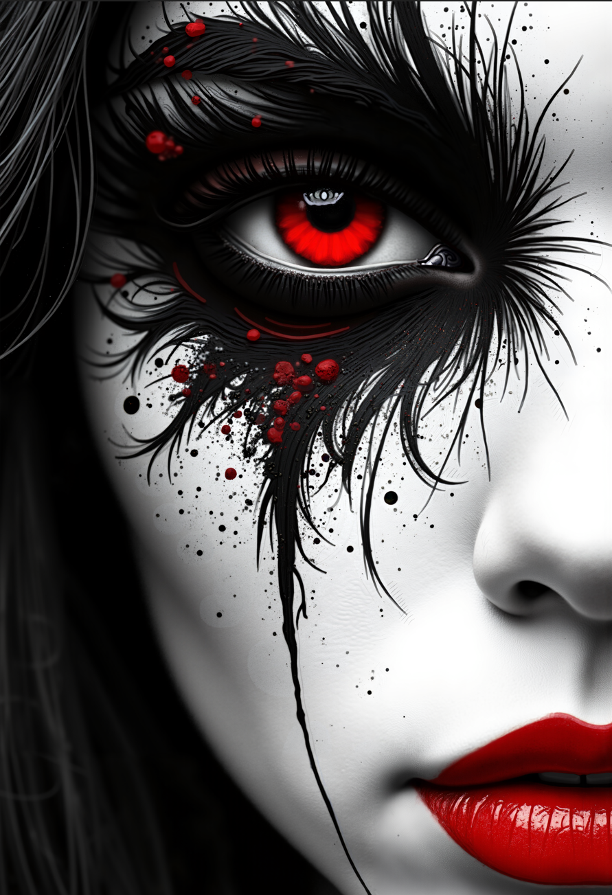 bo-abyss, abstract monochrome composition with splashes of deep red accents, high quality, ultra detailed, colorful, abstract, particles, fantasy, partially blended with abstract digital elements. the background features layers of glitch art, The image is a close-up of a person's face with a dramatic and intricate face art design. The face is predominantly white, with black and red accents on the upper and lower half of the face. The eye is the focal point of the image, with a deep red iris that stands out against the white background. The iris is surrounded by a black and white swirl pattern that extends from the top left corner to the bottom right corner of the eye. The swirls are made up of thin black lines that create a sense of movement and energy. The lines are arranged in a symmetrical pattern, creating a sense depth and dimension. The overall effect is striking and striking. The person's lips are painted a bold red color, adding a pop of color to the otherwise monochromatic face., volumetric lighting, volumetric lighting, volumetric lighting