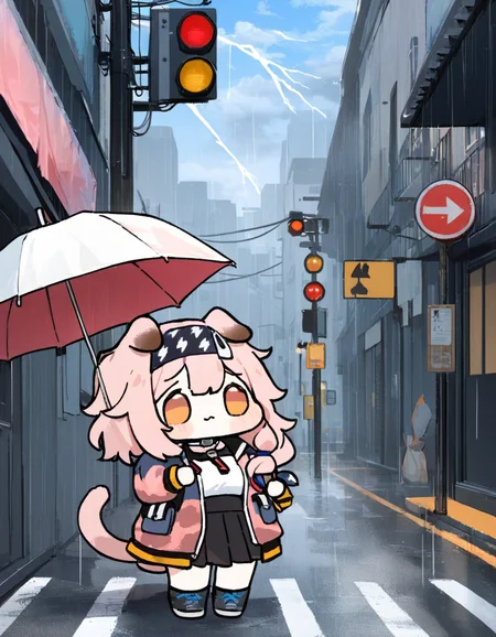 1girl,
goldenglow \(arknights\),
cat ears, outdoors, street, cloudy sky, bag, animal ears, sign, window, lightning bolt print, rain, building, black hairband, holding, multicolored coat, print hairband, skirt, blue sky, holding umbrella, cloud, two-tone coat, cat girl, traffic light, cat tail, tail, pink hair, umbrella, hairband, black coat, solo, white shirt, road, sidewalk, black skirt, coat, open clothes, lamppost, sky, long hair, open coat, shirt, orange eyes, long sleeves,
masterpiece, best quality, safe
<lora:coco_xl_v1-000010:1>