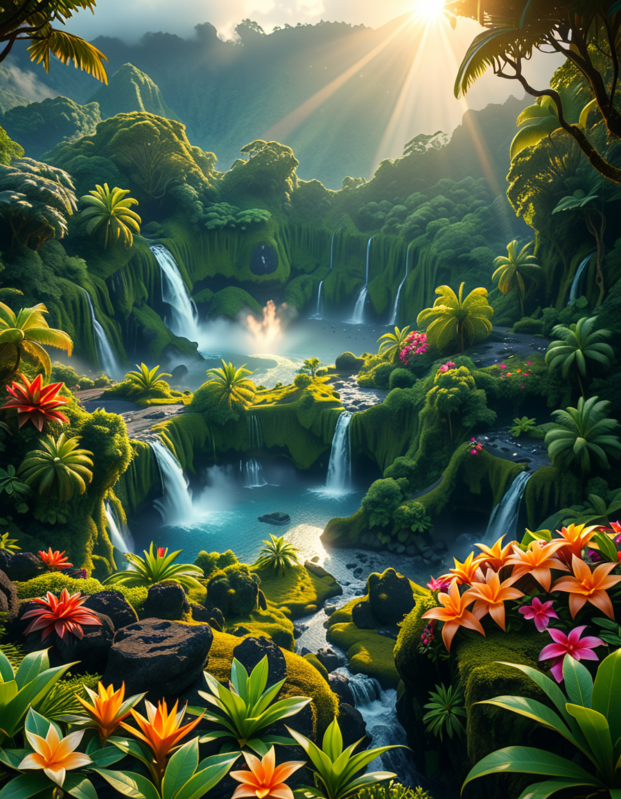 A breathtaking view of an ancient, dormant volcano now transformed into a lush, vibrant natural sanctuary. The crater is filled with dense tropical forests, colorful exotic flowers, cascading waterfalls, and mist swirling gently in the morning light. Vines and moss cover the dark volcanic rocks, and small streams wind down the slopes. while rays of sunlight pierce through the dense canopy, creating sparkling reflections on the water. The atmosphere feels peaceful, enchanted, and untouched by humans. The scene is depicted in an ultra-detailed, hyper-realistic style, with warm, soft lighting and rich, saturated colors that enhance the magical and serene mood of the landscape.
<lora:SDXLFaeTastic2400:0.4> <lora:extremely_detailed:0.4> extremely detailed, <lora:dormant_v0lc4n0:1>,dormant v0lc4n0, Masterpiece,best quality,hi res,8k,hi res,8k,award winning,(sharp focus, intricate, highly detailed),