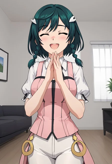 score_4,score_5,score_6,score_7_up,score_8_up,score_9
((masterpiece,best quality,ultra detailed,highres,HD,4k:1.2)),
1 cute girl,
upper body,1girl, solo, medium hair, dark green hair, braids, two braids, yellow eyes, pink top, ribbon on clothes,white pants skirt, pantyhose, black footwear, boots, white shirt, short sleeves, puffy sleeves, hair ornament,
room, living room, open mouth,closed eyes, blush, happy, smile, put your hands together,JSK Studio